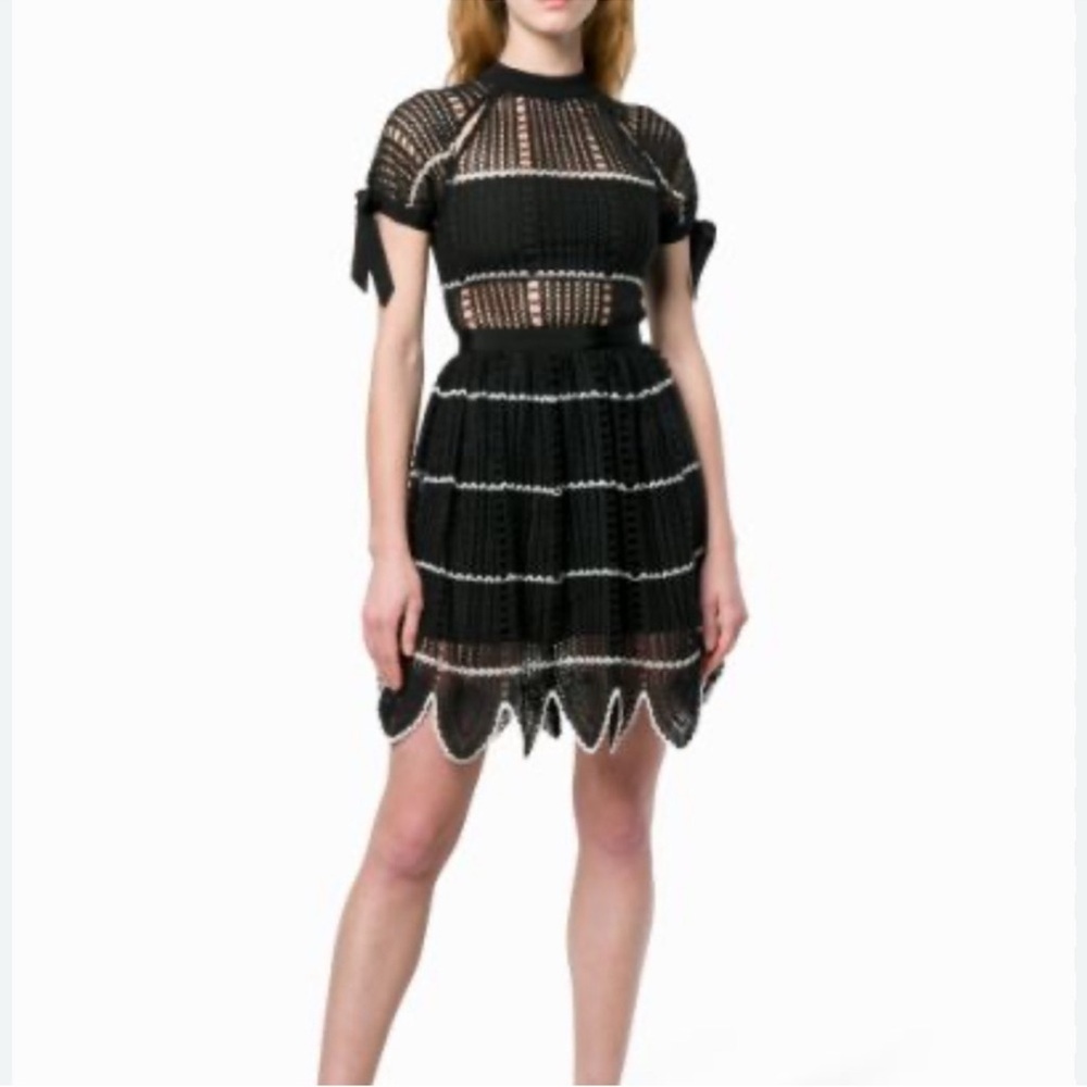 NWT Self Portrait Crochet Scallop mini Dress black Short Sleeve size 10 - Picture 3 of 10